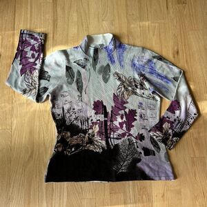 vtg Alberto Makali Paris floral abstract purple knit top sweater turtleneck‎ XL